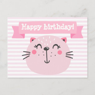 Carte Postale Faire-part Joyeux anniversaire ! Chat rose mignon - Anniversa