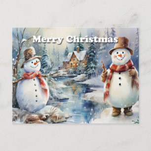 Carte Postale Faire-part Joyeux Noël Bonshommes de neige  Cabane en rondins