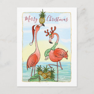 Carte Postale Faire-part Joyeux Noël Flamant Rose Hawaïen Ananas