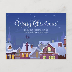 Carte Postale Faire-part Joyeux Noël Scène hivernale Toits Fêtes
