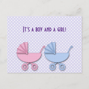 Carte Postale Faire-part jumeaux garçon & fille poussette à pois - cadeaux
