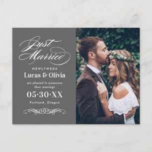 Carte Postale Faire-part Juste Marié Charcoal Grey Élégant Mariage Photo