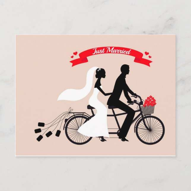 Carte Postale Faire-part Juste marié, marié et marié sur vélo mariage (Devant)