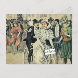 Carte Postale Faire-part Juste marié montant une bicyclette