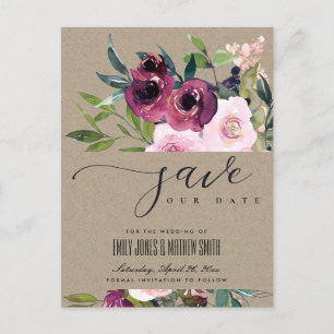 CARTE POSTALE FAIRE-PART KRAFT BLUSH BURGUNDY FLORAL BUNCH ENREGISTRER LA D