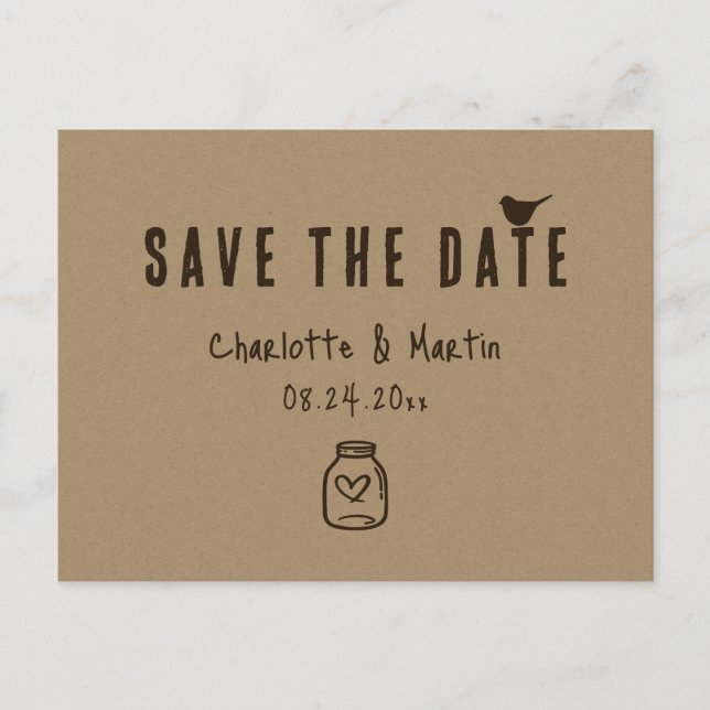 Carte Postale Faire-part Kraft Paper Heart Wedding Enregistrer La Date (Devant)