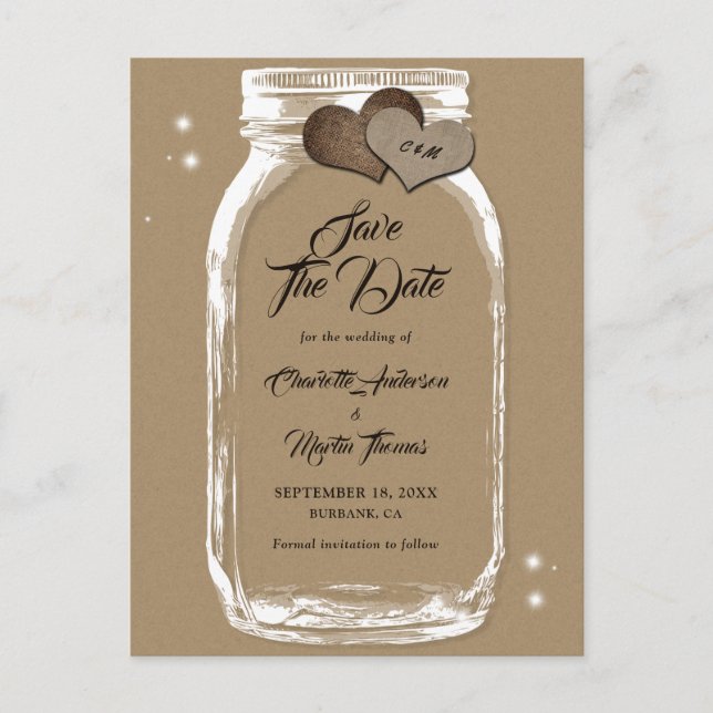 Carte Postale Faire-part Kraft Papier Mason Jar Mariage Enregistrer La Date (Devant)