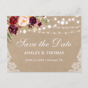 Carte Postale Faire-part Kraft Rustic Lights Lace Floral Enregistrer la Dat