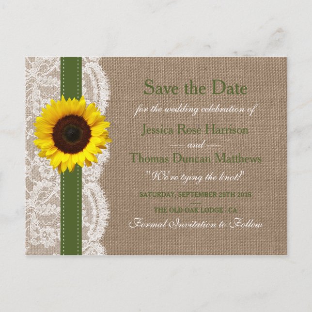 Carte Postale Faire-part La Collection de Mariage Tournesol Rustique - Vert (Devant)