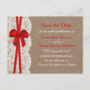 Carte Postale Faire-part La Collection Rustic Red Bow Enregistrer La Date