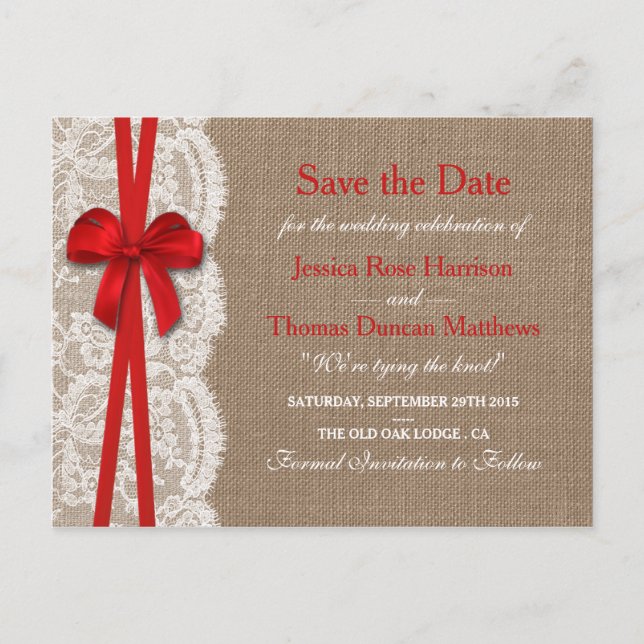 Carte Postale Faire-part La Collection Rustic Red Bow Enregistrer La Date (Devant)
