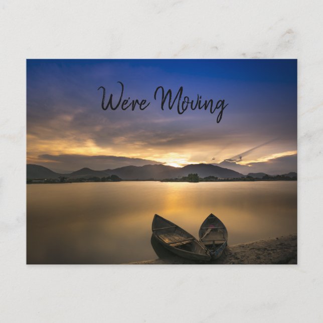 Carte Postale Faire-part Lac Boats Mountain Sunset Rocks Changement d'adres (Devant)