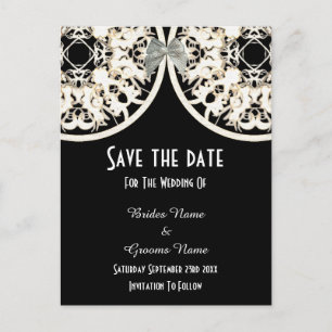 Carte Postale Faire-part Lace noire et blanche filigree enregistrer la date