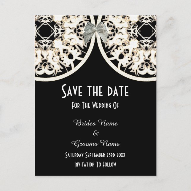 Carte Postale Faire-part Lace noire et blanche filigree enregistrer la date (Devant)