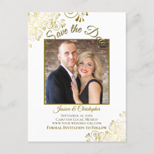 Carte Postale Faire-part Lacy Gold sur mariage blanc Enregistrer la photo d