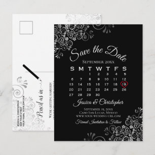 Carte Postale Faire-part Lacy Grey sur Black Wedding Enregistrer le calendr