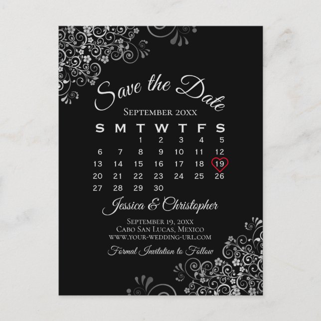 Carte Postale Faire-part Lacy Grey sur Black Wedding Enregistrer le calendr (Devant)