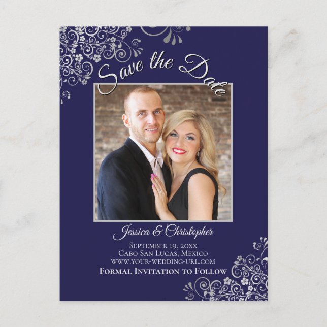 Carte Postale Faire-part Lacy Silver Marine Blue Wedding Enregistrer la dat (Devant)