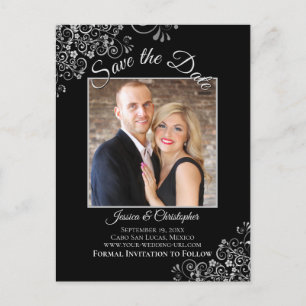 Carte Postale Faire-part Lacy Silver sur un mariage noir Enregistrer la pho