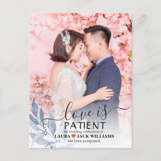 Carte Postale Faire-part L'amour est Patient Mariage Feuille Bleue Reporté  (Devant)