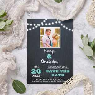 Carte Postale Faire-part Lampes de tableau noir Mariage Turquoise Enregistr