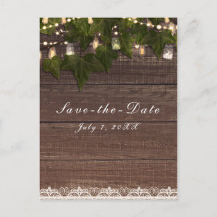 Carte Postale Faire-part Lanterne de Jar Mason Rustique avec l'Ivy et lumiè