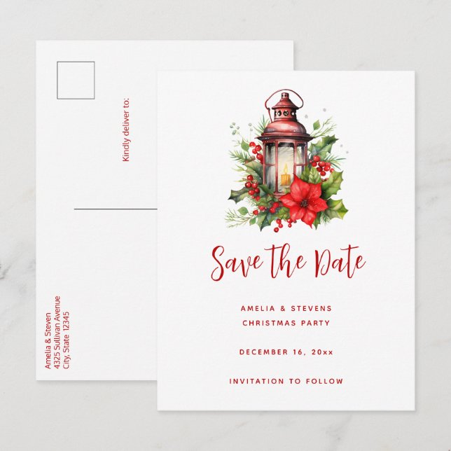 Carte Postale Faire-part Lanterne de Noël rouge Poinsettia et Pin (Devant / Derrière)