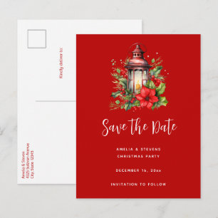 Carte Postale Faire-part Lanterne rouge de Noël Poinsettia et pin