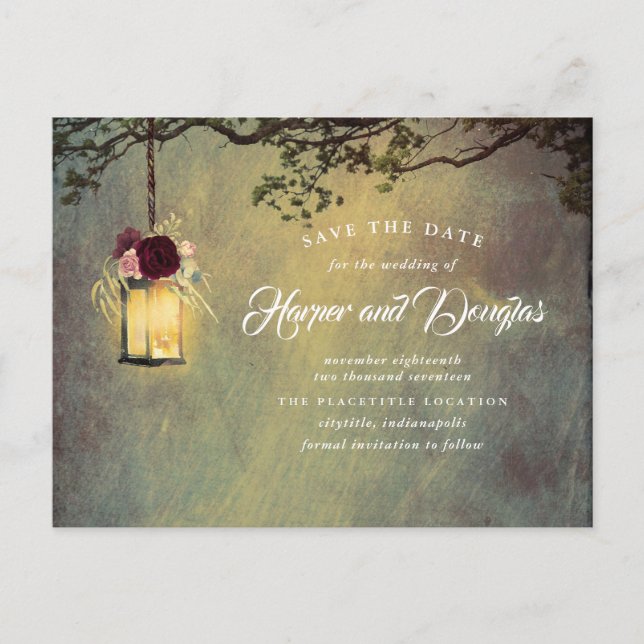 Carte Postale Faire-part Lanterne Suspendue Florale Bourgogne Save the Date (Devant)