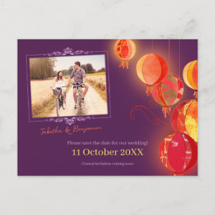 Carte Postale Faire-part Lanternes Rouges Mariage Violet Photo Enregistrer 