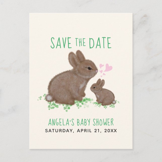 Carte Postale Faire-part Lapins Adorables Cœurs Save The Date Baby Shower (Devant)