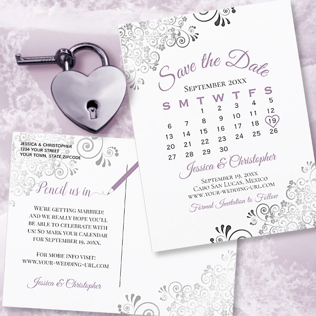 Carte Postale Faire-part Lavande sur mariage blanc Enregistrer le calendrie (Front and Back)