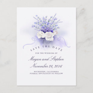 Carte Postale Faire-part Lavandes et Roses Blanches Élégant Save the Date