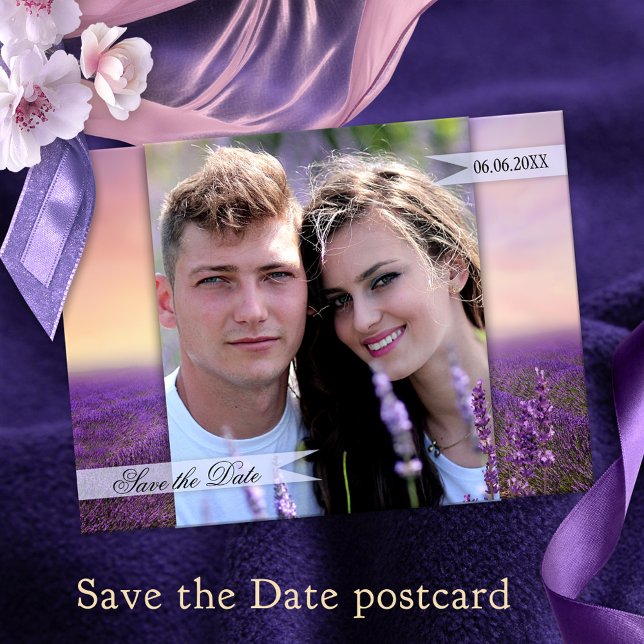Carte Postale Faire-part Lavender Field Floral Pays Enregistrer la date (Save the Date postcard featuring your custom photo framed by a painting of a lavender flower field)