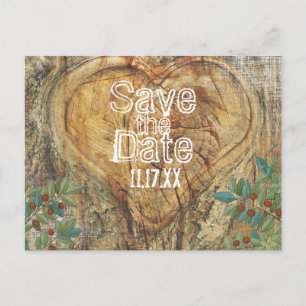 Carte Postale Faire-part Le coeur rustique dans l'arbre Enregistrer la date