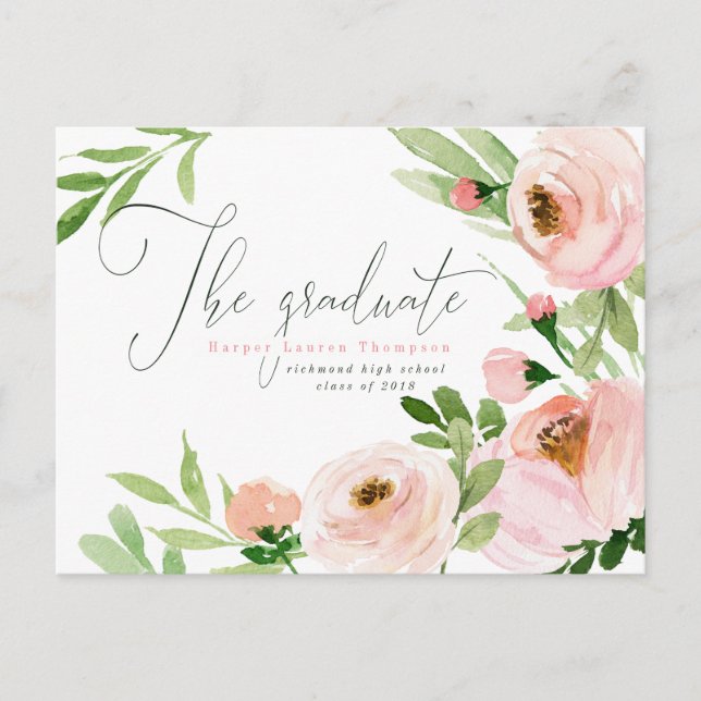 CARTE POSTALE FAIRE-PART LE ROSE DE LA RÉUSSITE FLEURS A L'AQUARELLE (Devant)