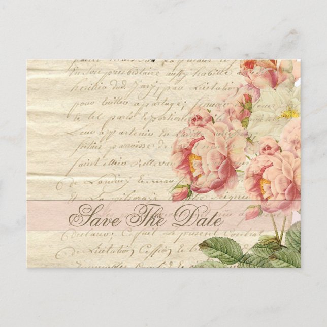 Carte Postale Faire-part Lettre Vintage et Rose Enregistrer la date (Devant)