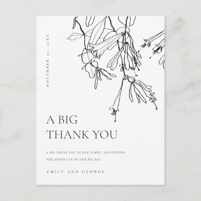 CARTE POSTALE FAIRE-PART LIGNE BLANCHE NOIRE DESSINANT MERCI MARIAGE FLORAL (Devant)