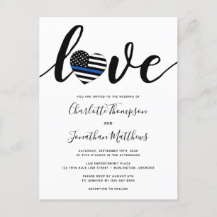 Carte Postale Faire-part Ligne bleue mince cœur mariage de police