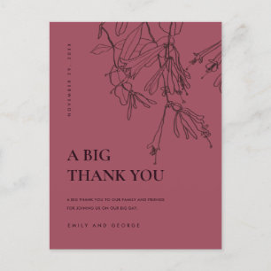 CARTE POSTALE FAIRE-PART LIGNE BURGUNDY DESSINANT LE MERCI MARIAGE FLORAL