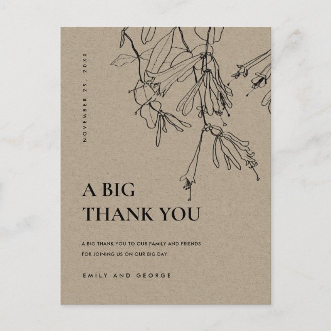 CARTE POSTALE FAIRE-PART LIGNE KRAFT MODERNE DESSINANT MERCI MARIAGE FLORAL (Devant)