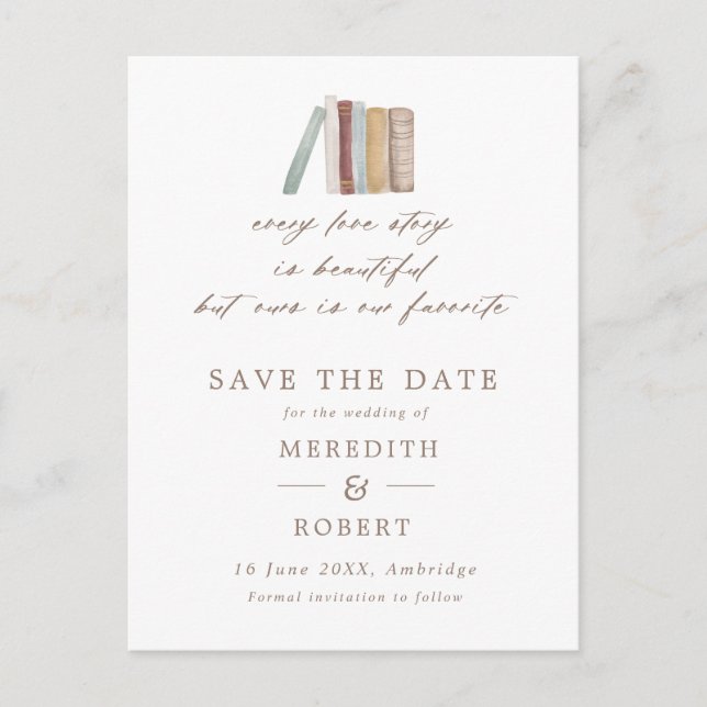 Carte Postale Faire-part Livres Aquarelle Chaque Histoire d'Amour Mariage  (Devant)