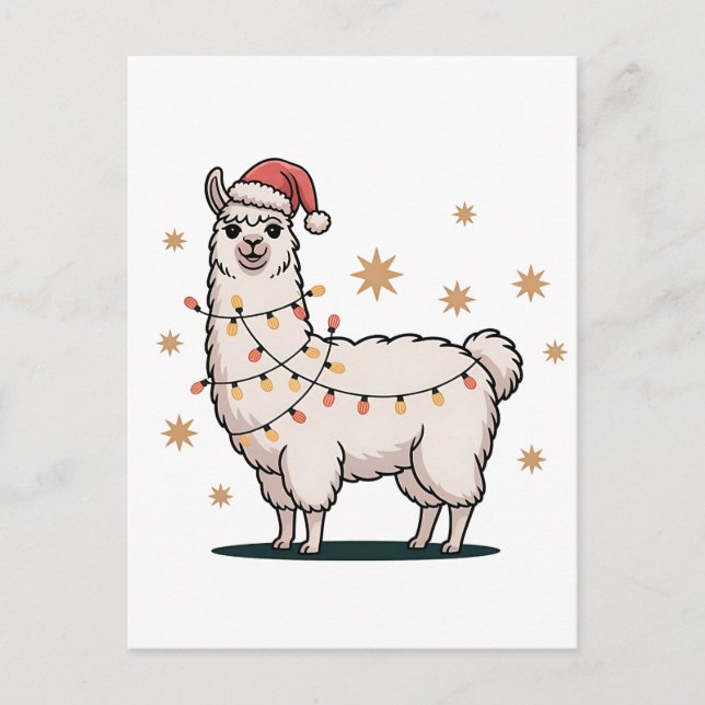 Carte Postale Faire-part Llama Alpaca With Santa Hat And Christmas Light (Devant)