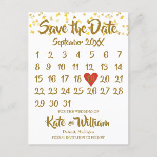 Carte Postale Faire-part Love Hearts Confetti Calendrier Enregistrer la dat