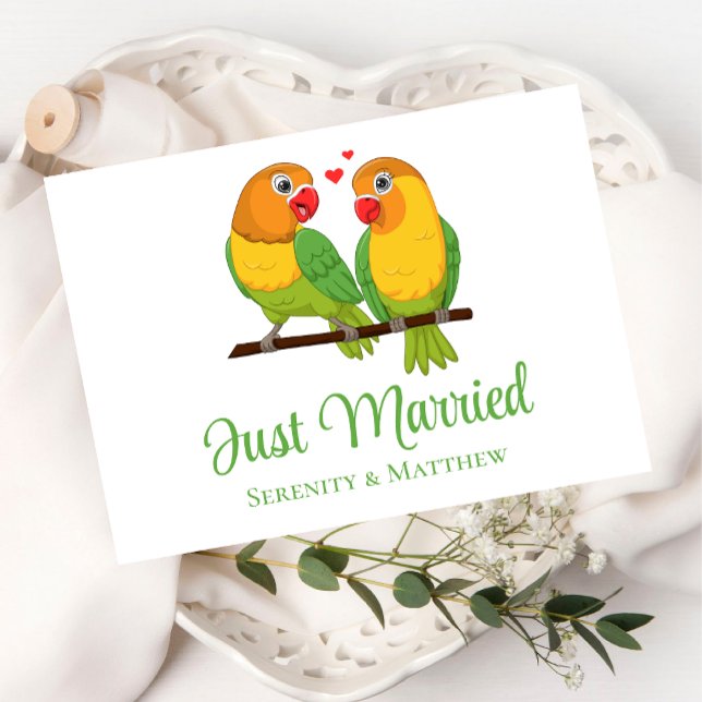Carte Postale Faire-part Lovebirds Inséparables naturels Juste Marié Mariag (Créateur téléchargé)