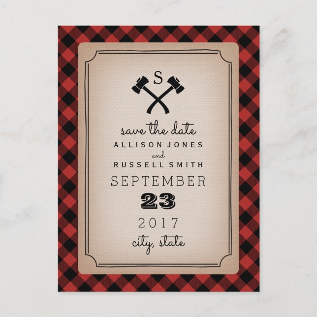 Carte Postale Faire-part Lumberjack Plaid Monogramme Ax Enregistrer La Date (Devant)