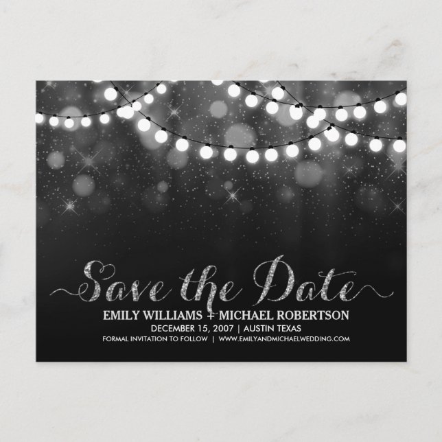 Carte Postale Faire-part Lumières de chaîne argentées bokeh save the date (Devant)