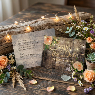 Carte Postale Faire-part Lumières de Chaîne Florales en Bois Rustique Enreg