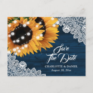 Carte Postale Faire-part Lumières de corde en bois bleu marine Tournesol Ma
