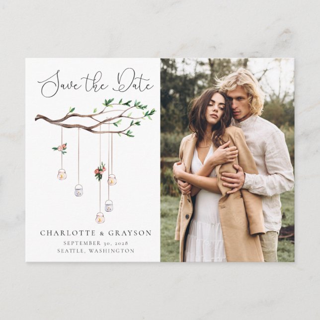 Carte Postale Faire-part Lumières de forêt d'aquarelle rustique Enregistrer (Devant)